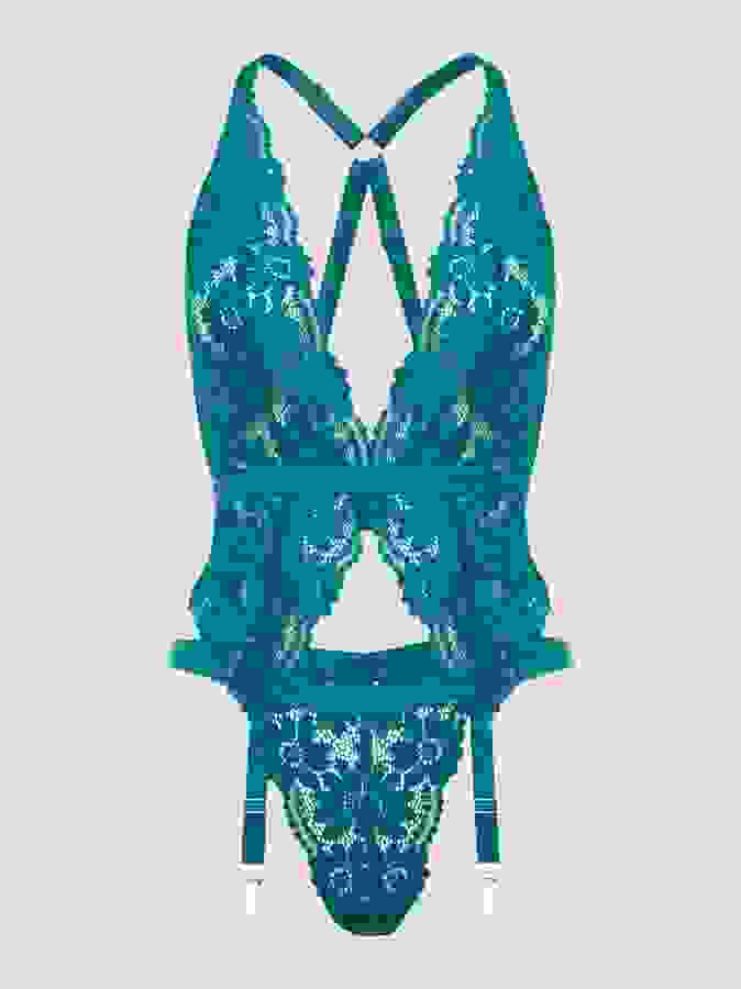 Lovehoney Plus Size Mindful Forest Green Recycled Lace Bustier Set, Green, hi-res
